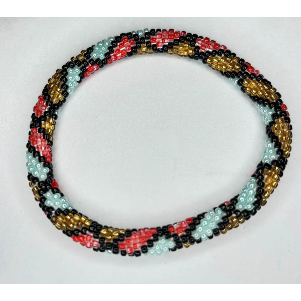 Set of 2 Handmade Glass Seed Bead Roll-On Crochet Bracelets Boho Geometric 7in